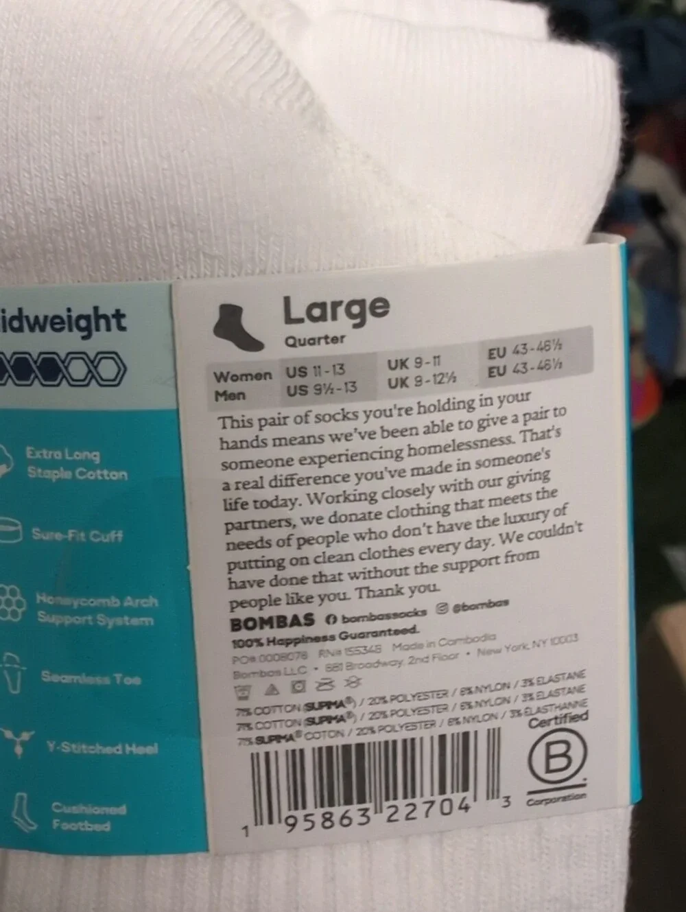 Bombas White Crew Socks Black Honeycomb Accent - Men Size 9.5-13/ W 11-13 4pk